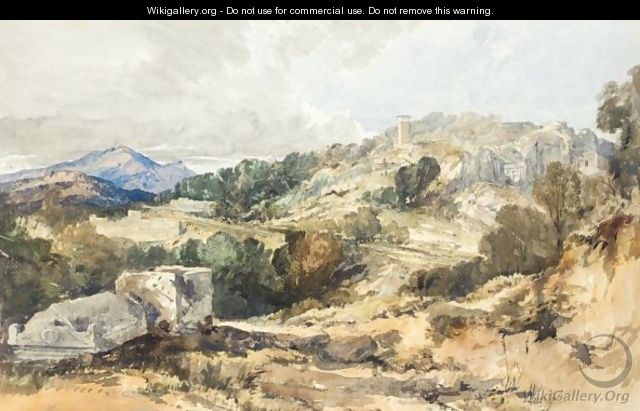 View From The South East Of The Pillar Tomb And The Roman Acropolis At Xanthus, Lycia, With Rock Tombs In The Cliff Face - William James Muller