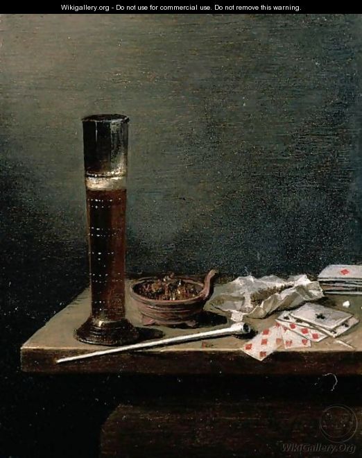 A Still Life With A Glass Of Beer, A Pipe, Tobacco, Playing Cards And A Brazier With Glowing Coals On A Wooden Table. - Jan Jansz. Van De Velde