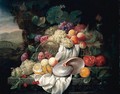Still Life With Grapes, Plums, Apricots And A Pomegranate In A Basket, Together With Other Fruits And A Nautilus Shell On A Stone Ledge - Joris Van Son