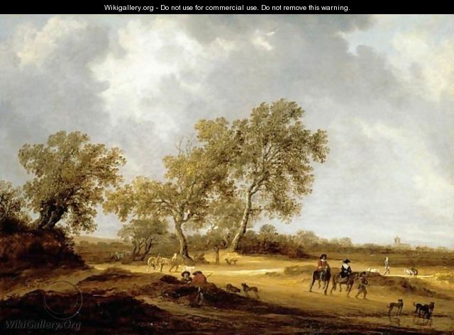 A Sandy Landscape With Travellers On Foot And Mounted, Others Resting, A Church In The Distance - Salomon van Ruysdael
