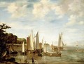 A Calm River Scene With Small Dutch Vessels At A Jetty - Lieve Verschuier