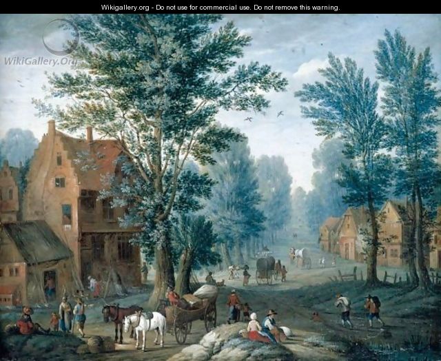 A Village Landscape With Travellers And A Horse And Cart Resting In The Foreground Before A Cottage - Joseph van Bredael