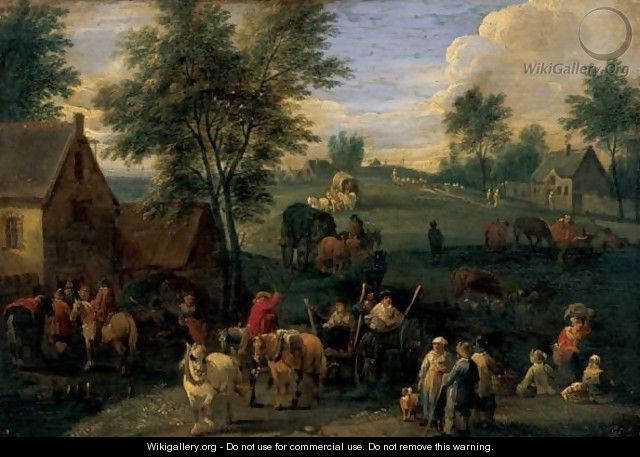 Landscape With Waggoners And Other Figures Gathered On The Outskirts Of A Village - Adriaen Frans Boudewijns