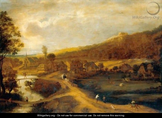 An Extensive River Landscape With Figures On A Road Before A Village - Flemish School