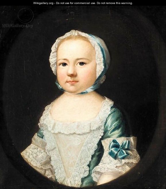 Portrait Of The Hon. Caroline Curzon, Daughter Of The 1st Baron Scarsdale, When A Child, Half Length, Wearing A Blue Silk Dress And A White Lace Cap - Josepf Wright Of Derby