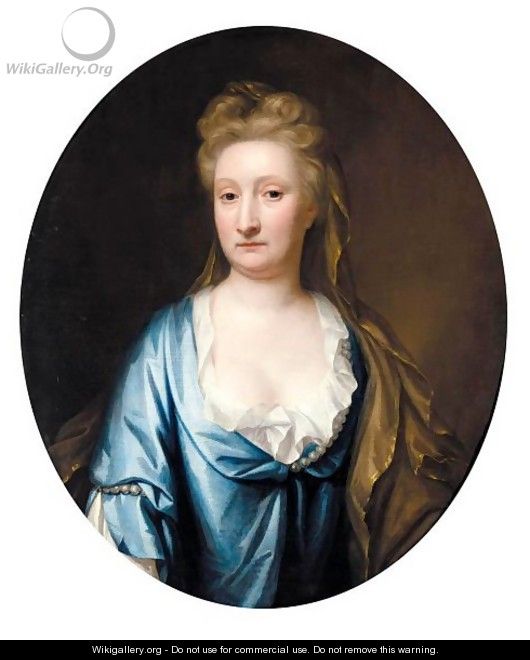 Portrait Of Mrs Mostyn, Half Length, Wearing A Blue Silk Dress And A Gold Veil - (after) Dahl, Michael