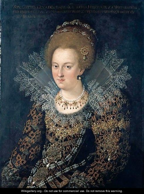 Portrait Of Barbara Sophia, Princess Of Wurtemburg (1584-1636), Half Length, In A Richly Embroidered And Bejewelled Dress - (after) Hans Von Aachen
