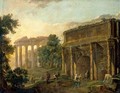An Architectural Capriccio With Figures Among Roman Ruins - Hubert Robert