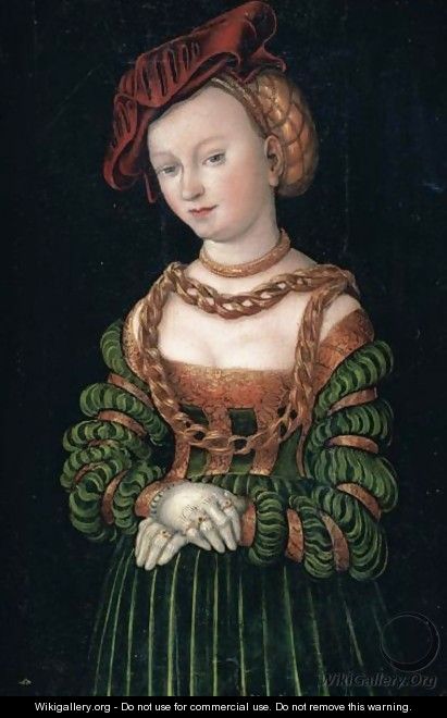 Portrait Of A Young Woman, Three-Quarter Length, As A Court Beauty, Wearing A Red Cap And A Green Dress Trimmed With Gold, Her Decolletage Bedecked With Gold Chains - Lucas The Elder Cranach