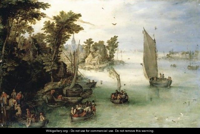 A River Scene With Boats Unloading At A Quay, And A Village Beyond - Jan The Elder Brueghel