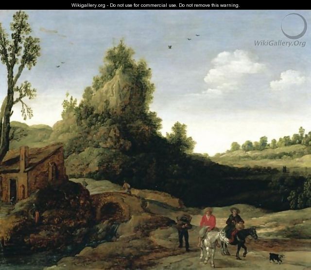 Landscape With Travellers Crossing A Bridge Before A Small Dwelling, Horsemen In The Foreground - Esaias Van De Velde