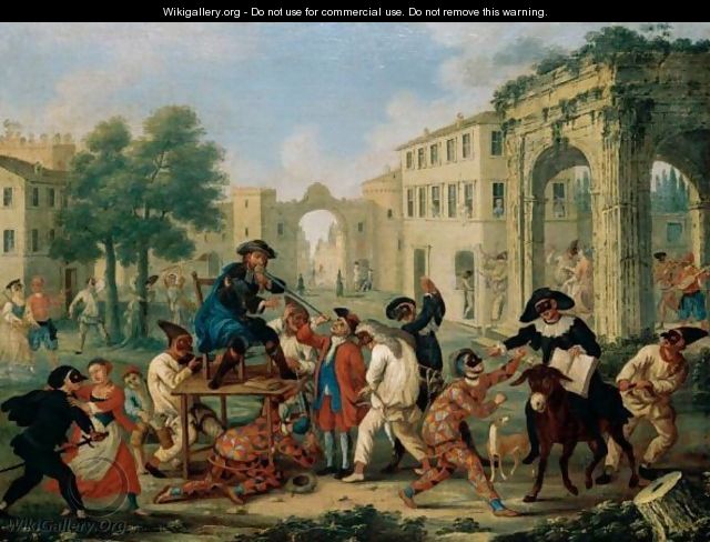 A Carnival Scene With Figures In Masquerade Dress Riding A Donkey In A Street - (after) Marco Marcola