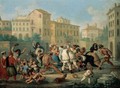 Carnival Scene With Children Dancing And Figures In Commedia Dell'Arte Costumes Eating Pasta In A Street - (after) Marco Marcola
