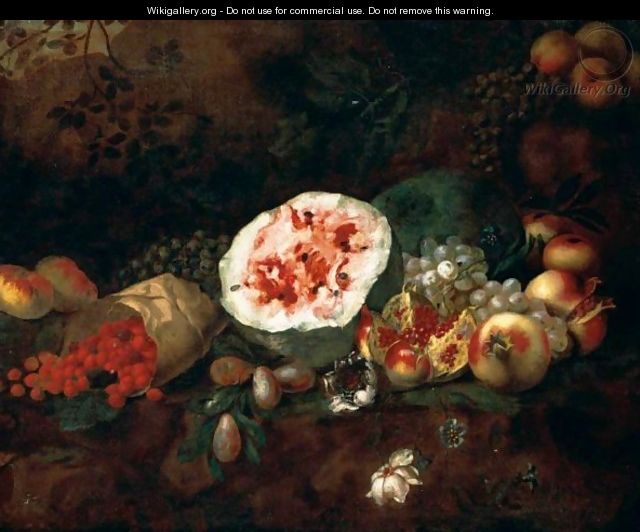 Still Life Of A Watermelon, Pomegranates, Grapes, Wild Strawberries, Apples And Plums In A Landscape - (after) Giuseppe Ruoppolo