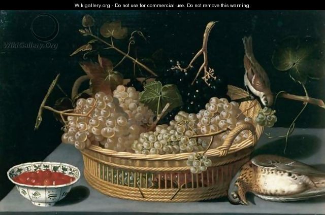A Still Life Of A Basket Of Grapes, With A Sparrow And A Thrush And Fraises-De-Bois In A Blue-And-White Porcelain Bowl Upon A Table - Franz Godin