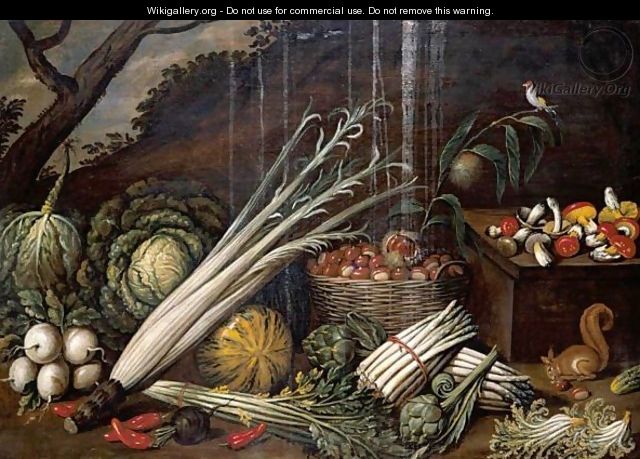 Still Life With Cabbages, Asparagus, A Basket Of Chestnuts, Celery, Mushrooms And Other Vegetables - (after) Giacomo Legi