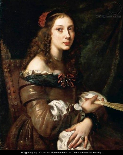 Portrait Of A Young Lady, Half Length, Wearing A Silk Dress And Holding A Fan - North-Italian School
