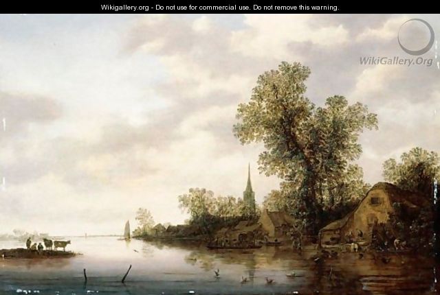 A River Landscape With Figures And A Wagon Being Ferried To A Village - (after) Jan Van Goyen