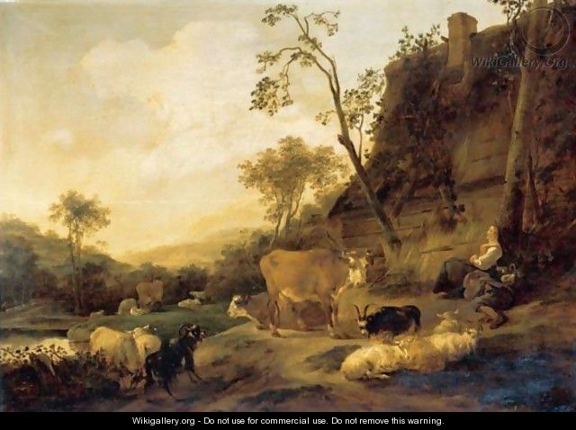 An Italianate Landscape With Figures And Their Animals Beside A Cottage - Nicolaes Berchem
