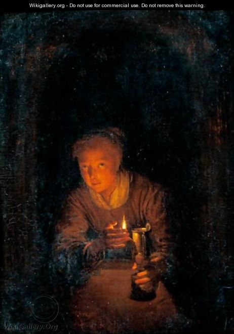 Interior With A Woman Holding A Candle - (after) Gerrit Dou
