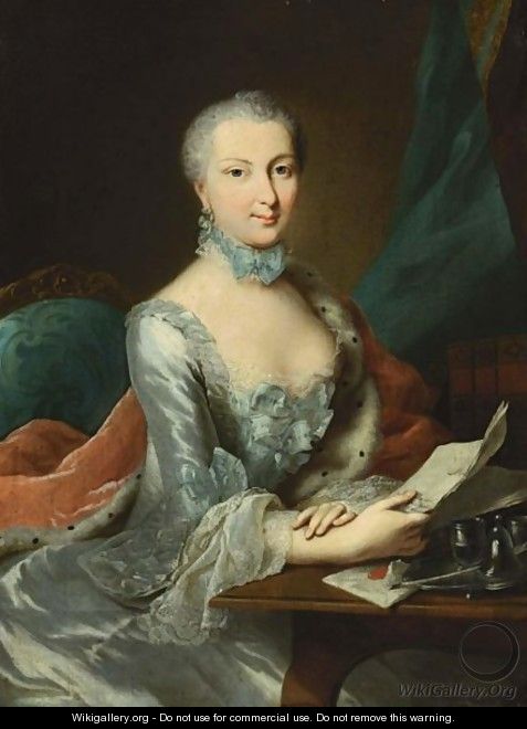 A Portrait Of A Lady, Seated Three-Quarter Length At A Desk, Wearing A Blue Dress With An Ermine-Lined Fur Mantle And Holding A Letter In Her Hand - Johann Heinrich The Elder Tischbein