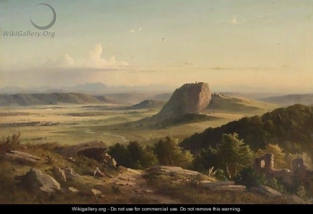 A Peasant Woman Seated, Overlooking An Extensive Mountainous Landscape. - German School