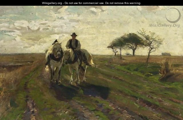 A Farmer With Two Horses In A Landscape. - German School