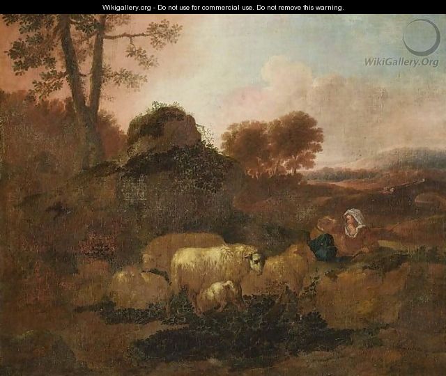 A Pastoral Landscape With A Shepherd Tending His Flock Near A Path - (after) Alexandre-Louis-Robert-Millin Duperreux