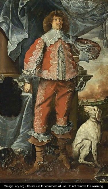 A Portrait Of A Nobleman, Full Length, With A Dog By His Side. - (after) Adriaen Hannemann