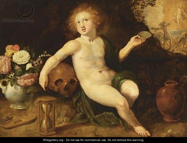 An Allegory Of Vanitas, With A Putto, A Skull, An Hourglass And Flowers, The Resurrection Of Christ Beyond - (after) Adriaen Van Nieulandt