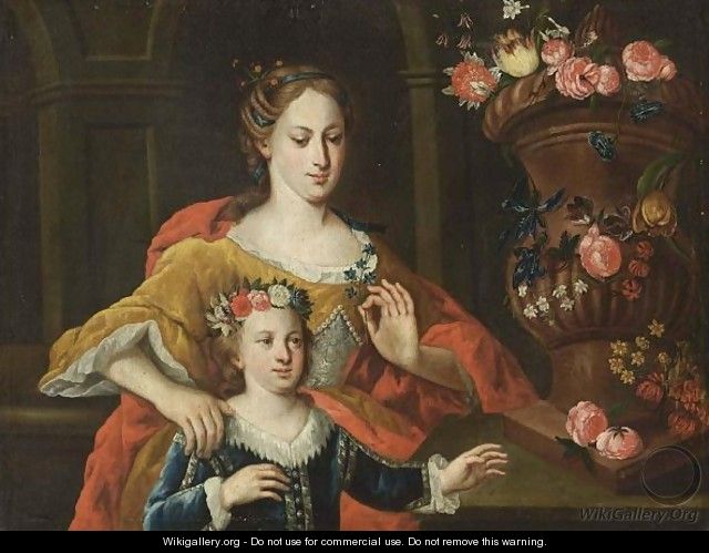 An Elegant Lady Seated Half Length, Wearing A Red Dress, Together With Her Daughter, Standing Half Length, Near A Vase With Flowers - German School