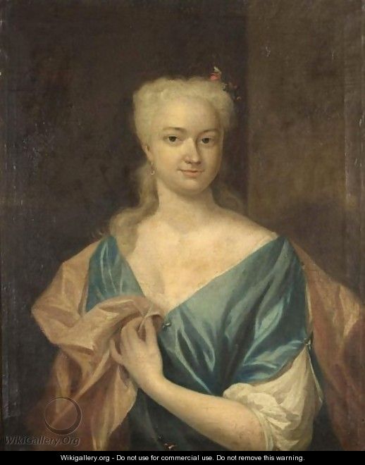A Portrait Of Sara Louise De Laignier, Half Length, Wearing A Blue Dress With White Sleeves And A Pink Shawl - Philip van Dijk
