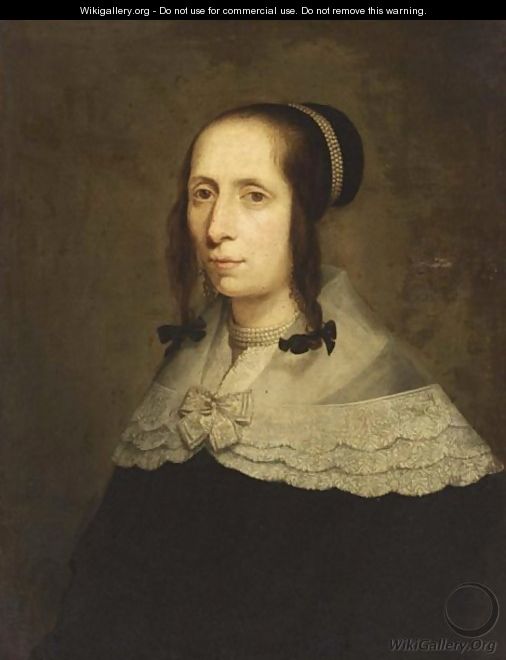 A Portrait Of A Lady, Bust Length, Wearing A Black Dress With White Lace Collar And Pearl Jewellery - (after) Bartholomeus Van Der Helst