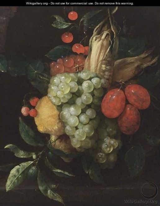 A Still Life With A Bunch Of White And Black Grapes, Prunes, Lemons, Corn, Cherries And Strawberries Hanging Above A Stone Ledge - Jan Pauwel Gillemans The Elder
