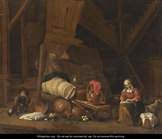A Barn Interior With A Maid Sowing, A Boy Eating An Apple And A Still Life Of Pots And Pans And Fruits - (after) Cornelis Saftleven