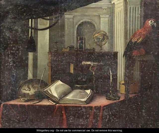 A Still Life With A Book, A Globe, A Candlestick And Other Objects, All On A Table, With A Parrot Standing On A Stone Ledge In The Foreground - (after) Bartolomeo Bettera