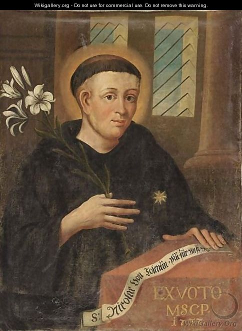 Saint Nicholas Of Tolentino, Wearing A Black Habit And Holding A Lily In His Hand - German School