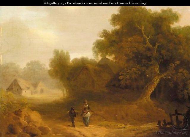 Figures In A Wooded Landscape With Cottages Beyond - (after) John Rathbone