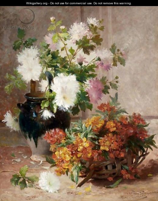A Vase And A Basket Of Flowers - Eugene Henri Cauchois