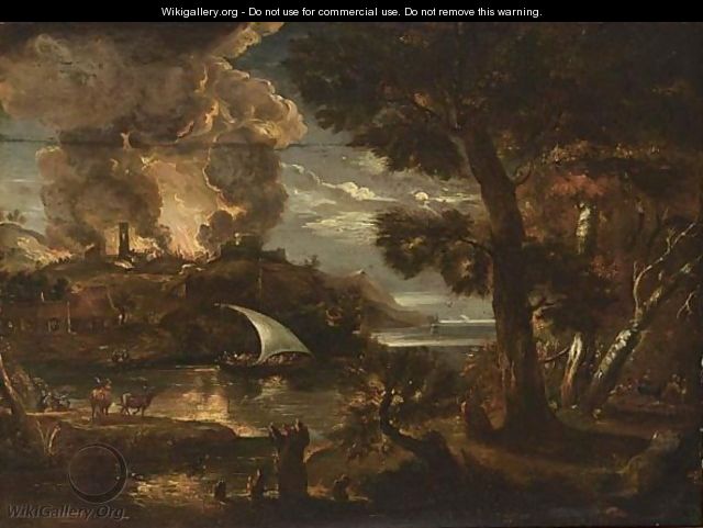 A River Landscape With A Burning Town On A Hilltop - German School