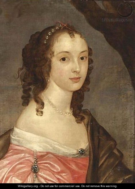 A Portrait Of A Lady, Bust Lenght, Wearing A Pink Satin Dress, Pearl Jewellery And A Brown Shawl Draped Around Her - (after) Sir Peter Lely