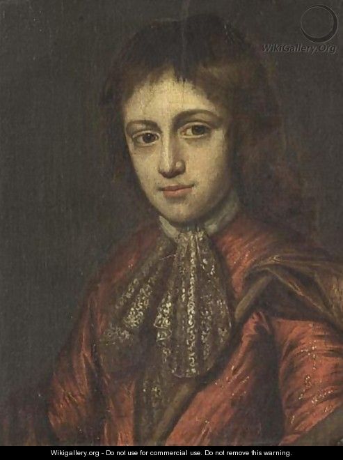 A Portrait Of A Boy, Bust Length, Wearing A Red Costume With A White Chemise And Brown Velvet Cloak - (after) Michiel Van Musscher