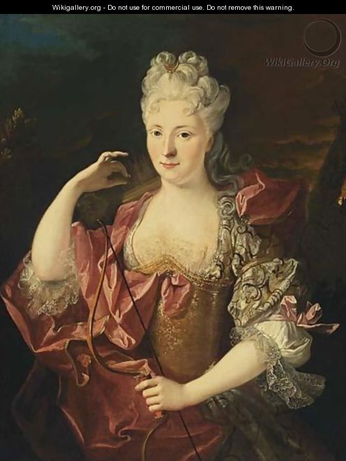 A Half Lenght Portrait Of A Lady As Diana Wearing A Pink Silk Dress - (after) Nicolas De Largilliere