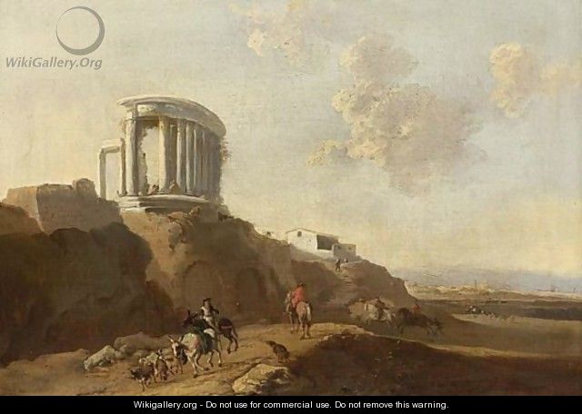 An Italianate Landscape With A Temple Ruin And Horsemen - (after) Jan Asselijn