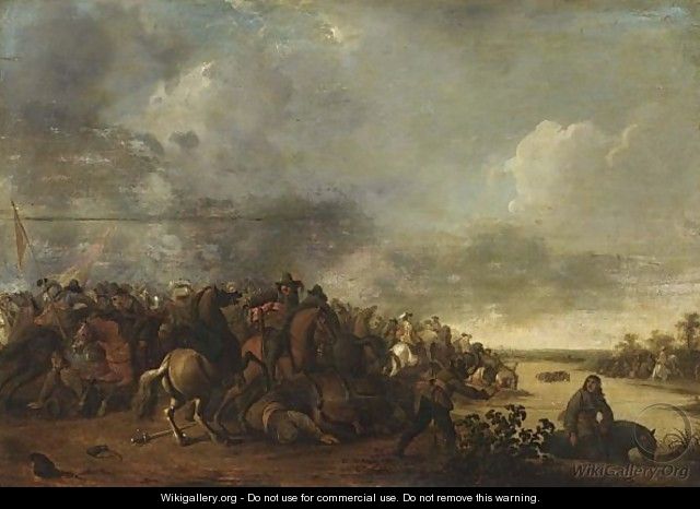 Cavalry Battle Scene Near A River - Hendrick De Meijer