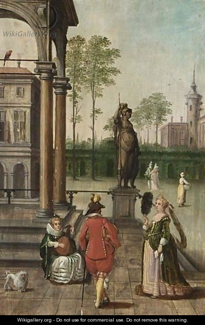 Cappriccio Of A Palace With Elegant Figures In A Garden - (after) Louis De Caullery