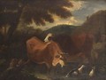 Cows Wading In A Stream In A Wooded Landscape - Dutch School