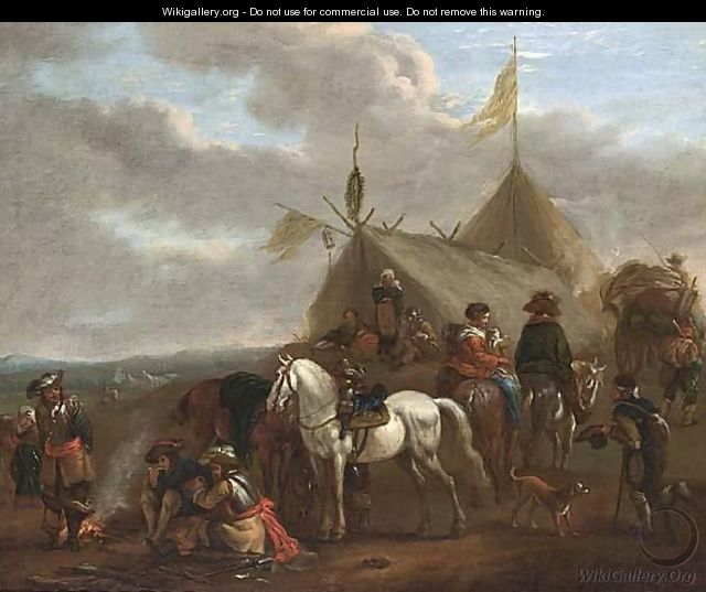 An Army Encampment With Soldiers Near A Fire, Horses, A Beggar, Travellers, And A Family Outside Tents - (after) Philips Wouwerman