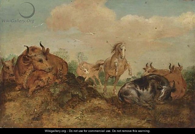 Cows And Horses In A Summer Landscape - Gillis Claesz. De Hondecoeter