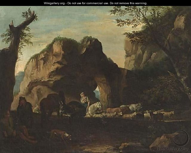 Herdsmen Travelling Through A Rocky Mediterranean Landscape - (after) Jacob De Heusch